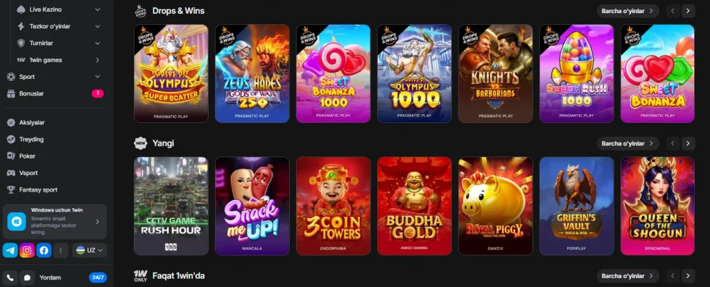 Casino 1win o'yinlari bo'limi