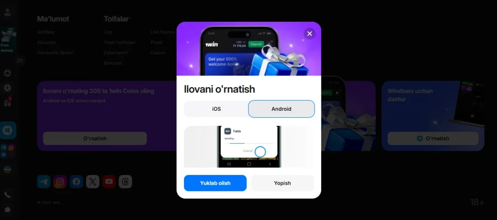 1win mobil ilovasi va o'rnatilishi